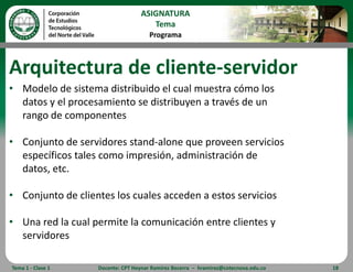 Arquitectura de cliente-servidorModelo de sistema distribuido el cual muestra cómo los	datos y el procesamiento se distribuyen a través de un	rango de componentesConjunto de servidores stand-alone que proveen servicios	específicos tales como impresión, administración de	datos, etc.Conjunto de clientes los cuales acceden a estos serviciosUna red la cual permite la comunicación entre clientes yservidoresTema 1 - Clase 1Docente: CPT Heynar Ramírez Becerra  –  hramirez@cotecnova.edu.co18