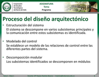 Proceso del diseño arquitectónicoEstructuración del sistema	El sistema se descompone en varios subsistemas principales y la comunicación entre estos subsistemas es identificada.Modelado del controlSe establece un modelo de las relaciones de control entre las diferentes partes del sistema.Descomposición modularLos subsistemas identificados se descomponen en módulosTema 1 - Clase 1Docente: CPT Heynar Ramírez Becerra  –  hramirez@cotecnova.edu.co8