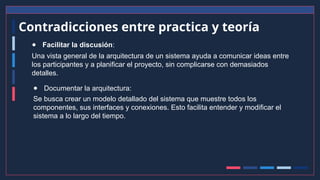 Contradicciones entre practica y teoría
● Facilitar la discusión:
Una vista general de la arquitectura de un sistema ayuda a comunicar ideas entre
los participantes y a planificar el proyecto, sin complicarse con demasiados
detalles.
● Documentar la arquitectura:
Se busca crear un modelo detallado del sistema que muestre todos los
componentes, sus interfaces y conexiones. Esto facilita entender y modificar el
sistema a lo largo del tiempo.
 