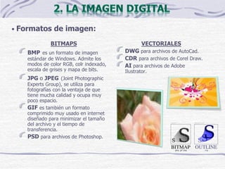 • Formatos de imagen:
BITMAPS
BMP es un formato de imagen
estándar de Windows. Admite los
modos de color RGB, colr indexado,
escala de grises y mapa de bits.
JPG o JPEG (Joint Photographic
Experts Group), se utiliza para
fotografías con la ventaja de que
tiene mucha calidad y ocupa muy
poco espacio.
GIF es también un formato
comprimido muy usado en internet
diseñado para minimizar el tamaño
del archivo y el tiempo de
transferencia.
PSD para archivos de Photoshop.
VECTORIALES
DWG para archivos de AutoCad.
CDR para archivos de Corel Draw.
AI para archivos de Adobe
Ilustrator.
 