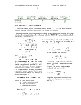 DISEÑO BASICO DE ESTRUCTURAS METALICAS EMEL MULETT RODRIGUEZ
41
TIPO DE
APOYOS
DOBLEMENTE
ARTICULADA
ARTICULADA Y
EMPOTRADA
DOBLEMENTE
EMPOTRADA
EMPOTRADA Y
LIBRE
K Teórico 1.0 0.7 0.5 2.0
K r (AISC) 1.0 0.8 0.65 2.1
4.3. FORMULAS DE DISEÑO AISC-DCCR-94
La fórmula de Euler sólo es válida para columnas esbeltas, es decir, Cc ≤ KL/R ≤ 200 . Para valores KL/R <
Cc, o sea, en el rango inelástico, se han propuesto otras fórmulas experimentales.
Por ser de gran utilidad para comprender y complementar la curva de diseño para columnas en el rango
inelástico, ha continuación se transcriben las fórmulas de la AISC (NSR-98 F.4.4), para el método de diseño
por Esfuerzos Admisibles (ASD)
( )
(b)
200
KL/R
Cc
si
5)
-
(F.4
KL/R
1.92
E
Fa
4)
-
(F.4
(a)
Cc
KL/R
0
si
2Cc
KL/R
-
Cc
KL/R
8
3
3
5
Cc
KL/R
0.5
-
1
Fa
2
2
3
2
≤
≤
=
≤
≤
⎟
⎠
⎞
⎜
⎝
⎛
⎟
⎠
⎞
⎜
⎝
⎛
+
⎥
⎥
⎦
⎤
⎢
⎢
⎣
⎡
⎟
⎠
⎞
⎜
⎝
⎛
=
π
Fy
El denominador de (a) es un factor de seguridad que oscila
entre 1.67 y 1.92. La ecuación (b) corresponde a la
ecuación de Euler con FS= 1.92 .
4.3.1 Fórmulas según DCCR-94. En el método
de diseño por coeficientes de cargas y resistencia
(DCCR) contenidas en el artículo F.2.5.2. NSR-
98, en lugar del parámetro Cc como límite entre
pandeo inelástico y elástico usa el parámetro λc.
Para el rango inelástico se adoptó una ecuación
exponencial y para el pandeo elástico siguió
vigente la ecuación de Euler pero expresada en
términos del parámetro λc
Pu ≤ φ Pn = φc Fc Ag , φc = 0.85 ( 4.11 )
Siendo Pu Carga última de diseño
Ag Area de la sección transversal
Pn Carga resistente nominal
Fc Esfuerzo crítico resistente
Fy
)
0.658
(
Fc
2
λ
= si λ≤ 1.5 (4.12)
Fy
)
0.877
(
Fc 2
λ
= si λ > 1.5 (4.13)
Fe
Fy
=
λ , donde Fe = 2
2
(KL/R)
E
π
,
que es la fórmula de Euler, quedando
E
Fy
KL/R
π
λ = (4.14 )
La ecuación (4.13) es la fórmula de Euler con un
factor de seguridad de 1.14 (remplácese λ para
comprobarlo).
Para acero A-36 λ = 1.5 , despejando KL/R y
remplazando en la ecuación (4.14),
KL/R = 1.5π
2520
2039000
= 134
Este valor es bastante aproximado al calculado
para Cc con A-36 , lo que confirma la analogía
entre Cc y λ.
 