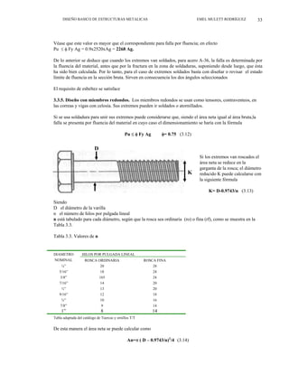DISEÑO BASICO DE ESTRUCTURAS METALICAS EMEL MULETT RODRÍGUEZ 33
Véase que este valor es mayor que el correspondiente para falla por fluencia; en efecto
Pu ≤ φ Fy Ag = 0.9x2520xAg = 2268 Ag.
De lo anterior se deduce que cuando los extremos van soldados, para acero A-36, la falla es determinada por
la fluencia del material, antes que por la fractura en la zona de soldaduras, suponiendo desde luego, que ésta
ha sido bien calculada. Por lo tanto, para el caso de extremos soldados basta con diseñar o revisar el estado
límite de fluencia en la sección bruta. Sirven en consecuencia los dos ángulos seleccionados
El requisito de esbeltez se satisface
3.3.5. Diseño con miembros redondos. Los miembros redondos se usan como tensores, contraventeos, en
las correas y vigas con celosía. Sus extremos pueden ir soldados o atornillados.
Si se usa soldadura para unir sus extremos puede considerarse que, siendo el área neta igual al área bruta,la
falla se presenta por fluencia del material en cuyo caso el dimensionamiento se haría con la fórmula
Pu ≤ φ Fy Ag φ= 0.75 (3.12)
D
Si los extremos van roscados el
área neta se reduce en la
garganta de la rosca; el diámetro
reducido K puede calcularse con
la siguiente fórmula
K
K= D-0.9743/n (3.13)
Siendo
D el diámetro de la varilla
n el número de hilos por pulgada lineal
n está tabulado para cada diámetro, según que la rosca sea ordinaria (ro) o fina (rf), como se muestra en la
Tabla 3.3.
Tabla 3.3. Valores de n
HILOS POR PULGADA LINEAL
DIAMETRO
NOMINAL ROSCA ORDINARIA ROSCA FINA
¼” 20 28
5/16” 18 24
3/8” 165 24
7/16” 14 20
½” 13 20
9/16” 12 18
¾” 10 16
7/8” 9 14
1” 8 14
Tabla adaptada del catálogo de Tuercas y ornillos T/T
De esta manera el área neta se puede calcular como
An=π ( D – 0.9743/n)2
/4 (3.14)
 