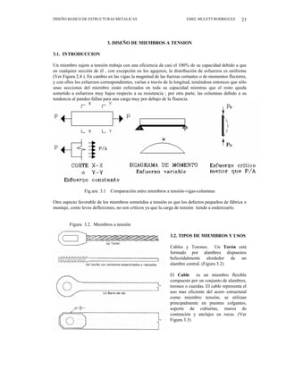 DISEÑO BASICO DE ESTRUCTURAS METALICAS EMEL MULETT RODRIGUEZ 23
3. DISEÑO DE MIEMBROS A TENSION
3.1. INTRODUCCION
Un miembro sujeto a tensión trabaja con una eficiencia de casi el 100% de su capacidad debido a que
en cualquier sección de él , con excepción en los agujeros, la distribución de esfuerzos es uniforme
(Ver Figura 2.4 ). En cambio en las vigas la magnitud de las fuerzas cortantes o de momentos flectores,
y con ellos los esfuerzos correspondientes, varían a través de la longitud, teniéndose entonces que sólo
unas secciones del miembro están esforzados en toda su capacidad mientras que el resto queda
sometido a esfuerzos muy bajos respecto a su resistencia ; por otra parte, las columnas debido a su
tendencia al pandeo fallan para una carga muy por debajo de la fluencia.
Fig.ura 3.1 Comparación entre miembros a tensión-vigas-columnas
Otro aspecto favorable de los miembros sometidos a tensión es que los defectos pequeños de fábrica o
montaje, como leves deflexiones, no son críticos ya que la carga de tensión tiende a enderezarlo.
Figura 3.2. Miembros a tensión
3.2. TIPOS DE MIEMBROS Y USOS
Cables y Torones. Un Torón está
formado por alambres dispuestos
helicoidalmente alrededor de un
alambre central. (Figura 3.2)
El Cable es un miembro flexible
compuesto por un conjunto de alambres,
torones o cuerdas. El cable representa el
uso mas eficiente del acero estructural
como miembro tensión; se utilizan
principalmente en puentes colgantes,
soporte de cubiertas, muros de
contención y anclajes en rocas. (Ver
Figura 3.3)
 