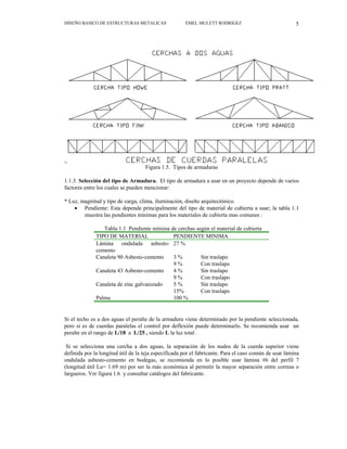 DISEÑO BASICO DE ESTRUCTURAS METALICAS EMEL MULETT RODRIGEZ 5
Figura 1.5. Tipos de armaduras
1.1.3. Selección del tipo de Armadura. El tipo de armadura a usar en un proyecto depende de varios
factores entre los cuales se pueden mencionar:
* Luz, magnitud y tipo de carga, clima, iluminación, diseño arquitectónico.
• Pendiente: Esta depende principalmente del tipo de material de cubierta a usar; la tabla 1.1
muestra las pendientes mínimas para los materiales de cubierta mas comunes :
Tabla 1.1 Pendiente mínima de cerchas según el material de cubierta
TIPO DE MATERIAL PENDIENTE MINIMA
Lámina ondulada asbesto-
cemento
27 %
Canaleta 90 Asbesto-cemento 3 % Sin traslapo
9 % Con traslapo
Canaleta 43 Asbesto-cemento 4 % Sin traslapo
9 % Con traslapo
Canaleta de zinc galvanizado 5 % Sin traslapo
15% Con traslapo
Palma 100 %
Si el techo es a dos aguas el peralte de la armadura viene determinado por la pendiente seleccionada,
pero si es de cuerdas paralelas el control por deflexión puede determinarlo. Se recomienda usar un
peralte en el rango de L/18 a L/25 , siendo L la luz total .
Si se selecciona una cercha a dos aguas, la separación de los nudos de la cuerda superior viene
definida por la longitud útil de la teja especificada por el fabricante. Para el caso común de usar lámina
ondulada asbesto-cemento en bodegas, se recomienda en lo posible usar lámina #6 del perfil 7
(longitud útil Lu= 1.69 m) por ser la más económica al permitir la mayor separación entre correas o
largueros. Ver figura 1.6 y consultar catálogos del fabricante.
 