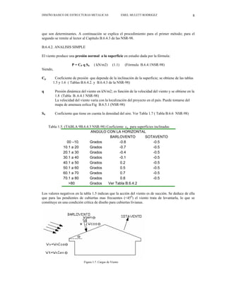 DISEÑO BASICO DE ESTRUCTURAS METALICAS EMEL MULETT RODRIGEZ 8
que son determinantes. A continuación se explica el procedimiento para el primer método; para el
segundo se remite al lector al Capítulo B.6.4.3 de las NSR-98.
B.6.4.2. ANALISIS SIMPLE
El viento produce una presión normal a la superficie en estudio dada por la fórmula:
P = CP q S4 ( kN/m2) (1.1) (Fórmula B.6.4.1NSR-98)
Siendo,
Cp Coeficiente de presión que depende de la inclinación de la superficie; se obtiene de las tablas
1.5 y 1.6 ( Tablas B.6.4.2. y B.6.4.3 de la NSR-98)
q Presión dinámica del viento en kN/m2; es función de la velocidad del viento y se obtiene en la
1.8 (Tabla B..6.4.1 NSR-98)
La velocidad del viento varía con la localización del proyecto en el país. Puede tomarse del
mapa de amenaza eolíca Fig B.6.5.1 (NSR-98)
S4 Coeficiente que tiene en cuenta la densidad del aire. Ver Tabla 1.7 ( Tabla B.6.6 NSR-98)
Tabla 1.5. (TABLA 9B.6.4.3 NSR-98) Coeficiente cp para superficies inclinadas
ANGULO CON LA HORIZONTAL
BARLOVENTO SOTAVENTO
00 –10. Grados -0.8 -0.5
10.1 a 20 Grados -0.7 -0.5
20.1 a 30 Grados -0.4 -0.5
30.1 a 40 Grados -0.1 -0.5
40.1 a 50 Grados 0.2 -0.5
50.1 a 60 Grados 0.5 -0.5
60.1 a 70 Grados 0.7 -0.5
70.1 a 80 Grados 0.8 -0.5
>80 Grados Ver Tabla B.6.4.2
Los valores negativos en la tabla 1.5 indican que la acción del viento es de succión. Se deduce de ella
que para las pendientes de cubiertas mas frecuentes (<450
) el viento trata de levantarla, lo que se
constituye en una condición crítica de diseño para cubiertas livianas.
Figura 1.7. Cargas de Viento
 