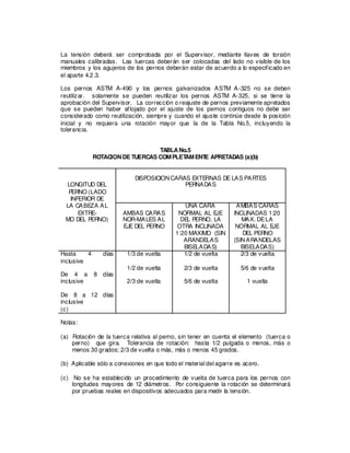 La tensión deberá ser comprobada por el Supervisor, mediante llaves de torsión
manuales calibradas. Las tuercas deberán ser colocadas del lado no visible de los
miembros y los agujeros de los pernos deberán estar de acuerdo a lo especificado en
el aparte 4.2.3.
Los pernos ASTM A-490 y los pernos galvanizados ASTM A-325 no se deben
reutilizar. solamente se pueden reutilizar los pernos ASTM A-325, si se tiene la
aprobación del Supervisor. La corrección o reajuste de pernos previamente apretados
que se pueden haber aflojado por el ajuste de los pernos contiguos no debe ser
considerado como reutilización, siempre y cuando el ajuste continúe desde la posición
inicial y no requiera una rotación mayor que la de la Tabla No.5, incluyendo la
tolerancia.
TABLANo.5
ROTACIONDE TUERCAS COMPLET
AMENT
E APRETADAS (a)(b)
LONGITUD DEL
PERNO (LADO
INFERIOR DE
DISPOSICIONCARAS EXTERNAS DE LAS PARTES
PERNADAS
LA CABEZA AL
EXTRE-
MO DEL PERNO)
AMBAS CARAS
NOR-MALES AL
EJE DEL PERNO
UNA CARA
NORMAL AL EJE
DEL PERNO, LA
OTRA INCLINADA
1:20 MAXIMO (SIN
ARANDELAS
BISELADAS)
AMBAS CARAS
INCLINADAS 1:20
MAX. DELA
NORMAL AL EJE
DEL PERNO
(SINARANDELAS
BISELADAS)
Hasta 4 días
inclusive
De 4 a 8 días
inclusive
De 8 a 12 días
inclusive
(c)
1/3 de vuelta
1/2 de vuelta
2/3 de vuelta
1/2 de vuelta
2/3 de vuelta
5/6 de vuelta
2/3 de vuelta
5/6 de vuelta
1 vuelta
Notas:
(a) Rotación de la tuerca relativa al perno, sin tener en cuenta el elemento (tuerca o
perno) que gira. Tolerancia de rotación: hasta 1/2 pulgada o menos, más o
menos 30 grados; 2/3 de vuelta o más, más o menos 45 grados.
(b) Aplicable sólo a conexiones en que todo el material del agarre es acero.
(c) No se ha establecido un procedimiento de vuelta de tuerca para los pernos con
longitudes mayores de 12 diámetros. Por consiguiente la rotación se determinará
por pruebas reales en dispositivos adecuados para medir la tensión.
 