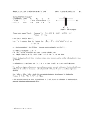 DISEÑO BASICO DE ESTRUCTURAS METALICAS EMEL MULETT RODRIGUEZ 55
DATOS PARA UN ANGULO2
REFERENCIA AREA Rx Ry X Rz
L 75x6.0 .72 2.29 cm 2.29 cm 2.05 cm 1.43 X Xo
L 75x 9.0 12.77 2.26 2.26 2.18 1.43
Y Y0
Figura 35. Par de Angulos
Prueba con el Angulo 75x6.00 Compacta? b/t = 75/6 = 12.5 λr = 64/√Fy = 64/√25.2 = 12.7
Por tanto b/t < λr
Como X ≡ Xo entonces Rx = Rxo
Pero Y ≠ Yo entonces Ry ≠ Ryo Por tanto Ry = =
+ 2
o
Ry d 07
.
3
05
.
2
29
.
2 2
2
=
+ cm
d = X = 2.05
Ry > Rx entonces Rmin = Rx = 2.26 cm ( Recordar análisis de Esbeltez en el Art 3.3.3 )
RE = KL/Rm = 0.65 ( 300 ) / 2.26 = 86
Con A-36 y RE=86 se encuentra en la Tabla 13 que Fc = 1700 Kg/cm2
Pc = φ Ag Fc = 0.85 * (2*8.72 )* 1700 = 25200 Kg = 25.20 Ton > Pu =20 Ton. Bien
Si estos dos ángulos sólo estuvieran conectados entre si en sus extremos, podrían pandear individualmente por su
eje débil Rz.
En este caso RE= KL/Rz = 0.65*300/ 1.43 = 136 ⇒ Fc = 968 ⇒ PC = 2( .85*8.72*968)= 14.35 Ton.
Para que los dos ángulos trabajen como una sección compuesta es necesario unirlos entre si a intervalos tales que
la Relación de esbeltez en Z sea igual a ¾ de la Relación de esbeltez en X (como se estudia en el próximo
articulo).
Rez = ¾ Rex ⇒ S/Rz = ¾ Rex , siendo S la separación de los puntos de unión entre los dos ángulos;
Por tanto S = ¾ Rex * Rz = ¾ *86 * 1.43 =92 cm.
Como la columa tiene 3 m de altura, se puede tomar S= 75 cms, es decir, se conectarán los dos ángulos con
puntos de soldadura en los cuartos de la luz.
2
Datos tomados de la Tabla 4.3
 