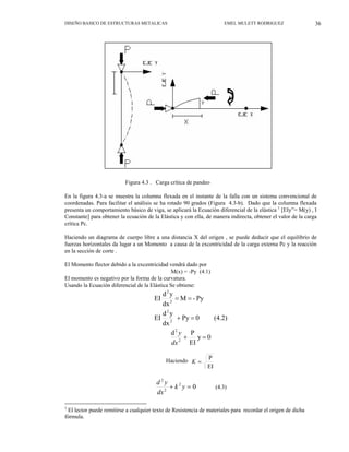 36
DISEÑO BASICO DE ESTRUCTURAS METALICAS EMEL MULETT RODRIGUEZ
Figura 4.3 . Carga crítica de pandeo
En la figura 4.3-a se muestra la columna flexada en el instante de la falla con un sistema convencional de
coordenadas. Para facilitar el análisis se ha rotado 90 grados (Figura 4.3-b). Dado que la columna flexada
presenta un comportamiento básico de viga, se aplicará la Ecuación diferencial de la elástica 1
[EIy”= M(y) , I
Constante] para obtener la ecuación de la Elástica y con ella, de manera indirecta, obtener el valor de la carga
crítica Pc.
Haciendo un diagrama de cuerpo libre a una distancia X del origen , se puede deducir que el equilibrio de
fuerzas horizontales da lugar a un Momento a causa de la excentricidad de la carga externa Pc y la reacción
en la sección de corte .
El Momento flector debido a la excentricidad vendrá dado por
M(x) = -Py (4.1)
El momento es negativo por la forma de la curvatura.
Usando la Ecuación diferencial de la Elástica Se obtiene:
(4.2)
0
Py
dx
y
d
EI
Py
-
M
dx
y
d
EI
2
2
2
2
=
+
=
=
0
y
EI
P
d
2
2
=
+
dx
y
Haciendo
EI
P
=
K
0
2
2
2
=
+ y
k
dx
y
d
(4.3)
1
El lector puede remitirse a cualquier texto de Resistencia de materiales para recordar el origen de dicha
fórmula.
 