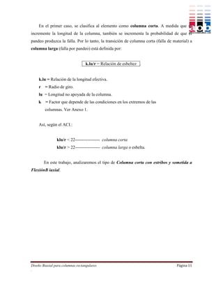 En el primer caso, se clasifica al elemento como columna corta. A medida que se
incremente la longitud de la columna, también se incrementa la probabilidad de que el
pandeo produzca la falla. Por lo tanto, la transición de columna corta (falla de material) a
columna larga (falla por pandeo) está definida por:


                                  k.lu/r = Relación de esbeltez .


    k.lu = Relación de la longitud efectiva.
    r = Radio de giro.
    lu = Longitud no apoyada de la columna.
    k    = Factor que depende de las condiciones en los extremos de las
        columnas. Ver Anexo 1.


    Así, según el ACI.:


                klu/r < 22----------------- columna corta
                klu/r > 22----------------- columna larga o esbelta.


        En este trabajo, analizaremos el tipo de Columna corta con estribos y sometida a
FlexiónB iaxial.




Diseño Biaxial para columnas rectangulares                                         Página 11
.
 