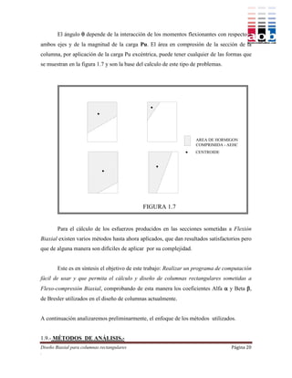 El ángulo  depende de la interacción de los momentos flexionantes con respecto a
ambos ejes y de la magnitud de la carga Pu. El área en compresión de la sección de la
columna, por aplicación de la carga Pu excéntrica, puede tener cualquier de las formas que
se muestran en la figura 1.7 y son la base del calculo de este tipo de problemas.




                                                                     AREA DE HORMIGON
                                                                     COMPRIMIDA - AEHC
                                                                     CENTROIDE




                                             FIGURA 1.7


        Para el cálculo de los esfuerzos producidos en las secciones sometidas a Flexión
Biaxial existen varios métodos hasta ahora aplicados, que dan resultados satisfactorios pero
que de alguna manera son difíciles de aplicar por su complejidad.


        Este es en síntesis el objetivo de este trabajo: Realizar un programa de computación
fácil de usar y que permita el cálculo y diseño de columnas rectangulares sometidas a
Flexo-compresión Biaxial, comprobando de esta manera los coeficientes Alfa  y Beta ,
de Bresler utilizados en el diseño de columnas actualmente.


A continuación analizaremos preliminarmente, el enfoque de los métodos utilizados.


1.9.- MÉTODOS DE ANÁLISIS.-
Diseño Biaxial para columnas rectangulares                                          Página 20
.
 