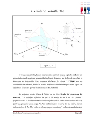  = arc tan (ex / ey) = arc tan (Mny / Mnx)




                                         Pn


                                                                                    eje neutro




 Mnx                                                                    Mny




                                              Figura 1.13



        El proceso de cálculo , basado en el análisis realizado en este capítulo, mediante un
computador, puede establecer una cantidad suficiente de puntos que definen la superficie o
Diagrama de interacción. Este programa (Software de cálculo ) PDCOL que se
desarrollará mas adelante, recurre al análisis presentado anteriormente para poder lograr los
algoritmos necesarios que lleven a la solución del problema.


        Sin embargo, según Nilson & Winter en su libro Diseño de estructuras de
concreto, “ la principal dificultad es que el eje neutro no va a ser, en            general,
perpendicular a la excentricidad resultante dibujada desde el centro de la columna hasta el
punto de aplicación de la carga Pn,.Para cada selección sucesiva del eje neutro, existen
valores únicos de Pn, Mnx y Mny y sólo para casos especiales,” (columnas cuadradas con


Diseño Biaxial para columnas rectangulares                                          Página 28
.
 