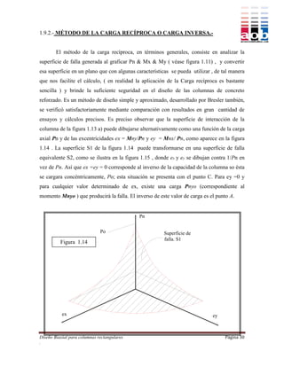 1.9.2.- MÉTODO DE LA CARGA RECÍPROCA O CARGA INVERSA.-


        El método de la carga recíproca, en términos generales, consiste en analizar la
superficie de falla generada al graficar Pn & Mx & My ( véase figura 1.11) , y convertir
esa superficie en un plano que con algunas características se pueda utilizar , de tal manera
que nos facilite el cálculo, ( en realidad la aplicación de la Carga recíproca es bastante
sencilla ) y brinde la suficiente seguridad en el diseño de las columnas de concreto
reforzado. Es un método de diseño simple y aproximado, desarrollado por Bresler también,
se verificó satisfactoriamente mediante comparación con resultados en gran cantidad de
ensayos y cálculos precisos. Es preciso observar que la superficie de interacción de la
columna de la figura 1.13 a) puede dibujarse alternativamente como una función de la carga
axial Pn y de las excentricidades ex = Mny/Pn y ey = Mnx/ Pn, como aparece en la figura
1.14 . La superficie S1 de la figura 1.14 puede transformarse en una superficie de falla
equivalente S2, como se ilustra en la figura 1.15 , donde ex y ey se dibujan contra 1/Pn en
vez de Pn. Así que ex =ey = 0 corresponde al inverso de la capacidad de la columna so ésta
se cargara concéntricamente, Po; esta situación se presenta con el punto C. Para ey =0 y
para cualquier valor determinado de ex, existe una carga Pnyo (correspondiente al
momento Mnyo ) que producirá la falla. El inverso de este valor de carga es el punto A.


                                             Pn


                              Po                       Superficie de
                                                       falla. S1
          Figura 1.14




           ex                                                                ey



Diseño Biaxial para columnas rectangulares                                         Página 30
.
 