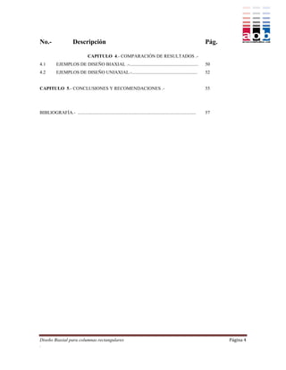No.-                    Descripción                                                                                    Pág.

                                   CAPITULO 4.- COMPARACIÓN DE RESULTADOS .-
4.1         EJEMPLOS DE DISEÑO BIAXIAL .-...........................................................                   50
4.2         EJEMPLOS DE DISEÑO UNIAXIAL.-........................................................                      52


CAPITULO 5.- CONCLUSIONES Y RECOMENDACIONES .-                                                                         55




BIBLIOGRAFÍA.- .....................................................................................................   57




Diseño Biaxial para columnas rectangulares                                                                                    Página 4
.
 