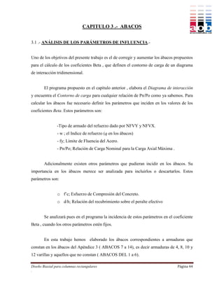 CAPITULO 3 .- ABACOS


3.1 .- ANÁLISIS DE LOS PARÁMETROS DE INFLUENCIA.-


Uno de los objetivos del presente trabajo es el de corregir y aumentar los ábacos propuestos
para el cálculo de los coeficientes Beta , que definen el contorno de carga de un diagrama
de interacción tridimensional.


        El programa propuesto en el capítulo anterior , elabora el Diagrama de interacción
y encuentra el Contorno de carga para cualquier relación de Pn/Po como ya sabemos. Para
calcular los ábacos fue necesario definir los parámetros que inciden en los valores de los
coeficientes Beta. Estos parámetros son:


                -Tipo de armado del refuerzo dado por NFVY y NFVX.
                - w ; el Indice de refuerzo (q en los ábacos)
                - fy; Límite de Fluencia del Acero.
                - Pn/Po; Relación de Carga Nominal para la Carga Axial Máxima .


        Adicionalmente existen otros parámetros que pudieran incidir en los ábacos. Su
importancia en los ábacos merece ser analizada para incluirlos o descartarlos. Estos
parámetros son:


                o f’c; Esfuerzo de Compresión del Concreto.
                o d/h; Relación del recubrimiento sobre el peralte efectivo


        Se analizará pues en el programa la incidencia de estos parámetros en el coeficiente
Beta , cuando los otros parámetros estén fijos.


        En esta trabajo hemos elaborado los ábacos correspondientes a armaduras que
constan en los ábacos del Apéndice 3 ( ABACOS 7 a 14), es decir armaduras de 4, 8, 10 y
12 varillas y aquellos que no constan ( ABACOS DEL 1 a 6).

Diseño Biaxial para columnas rectangulares                                         Página 44
.
 