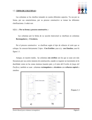 1.2 .-TIPOS DE COLUMNAS.-


    Las columnas se las clasifica tomando en cuenta diferentes aspectos. Ya sea por su
forma, por sus características, por su proceso constructivo se toman las diferentes
clasificaciones. A saber son:


1.2.1.- .- Por su forma y proceso constructivo .-


        Las columnas por la forma de su sección transversal se clasifican en columnas
    Rectangulares y Circulares.


    Por el proceso constructivo se clasifican según el tipo de refuerzo al corte que se
coloque. Se conocen básicamente 2 tipos : Con Estribos ,caso a) y con Zunchos, caso b)
figura 1.1.


    Aunque, en nuestro medio, las columnas con estribos son las que se usan con más
frecuencia por sus costos menores de construcción, cuando se requiere un incremento en la
ductilidad, como en las zonas sísmicas (nuestro país y el resto del Cordón de fuego del
Pacífico), también se usan columnas rectangulares o circulares con refuerzo espiral o
zunchos.




                                  Estribos Transversales
                                                                Hélice




                                                                              Figura 1.1
                                      Estribos                     Hélice




                          a)                               b)

Diseño Biaxial para columnas rectangulares                                       Página 8
.
 