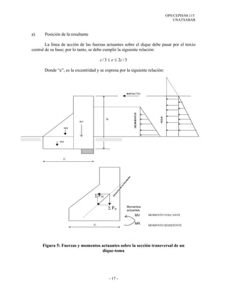 OPS/CEPIS/04.115
UNATSABAR
- 17 -
a) Posición de la resultante
La línea de acción de las fuerzas actuantes sobre el dique debe pasar por el tercio
central de su base; por lo tanto, se debe cumplir la siguiente relación:
3/23/ cec ≤≤
Donde “e”, es la excentridad y se expresa por la siguiente relación:
Figura 5: Fuerzas y momentos actuantes sobre la sección transversal de un
dique-toma
b
SEDIMENTOS
AGUA
IMPACTO
C
W1
W3
W2
C
D
irección
de
la
resultante
Σ FH
MV
MR
Σ FV
Momentos
actuantes
MOMENTO VOLCANTE
MOMENTO RESISTENTE
 