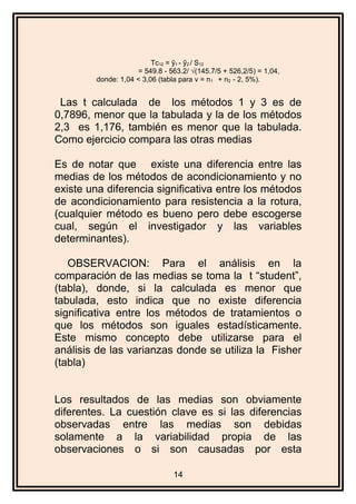 Tc12 = ỹ1 - ỹ2 / S12
= 549.8 - 563.2/ √(145.7/5 + 526,2/5) = 1,04,
donde: 1,04 < 3,06 (tabla para v = n1 + n2 - 2, 5%).
Las t calculada de los métodos 1 y 3 es de
0,7896, menor que la tabulada y la de los métodos
2,3 es 1,176, también es menor que la tabulada.
Como ejercicio compara las otras medias
Es de notar que existe una diferencia entre las
medias de los métodos de acondicionamiento y no
existe una diferencia significativa entre los métodos
de acondicionamiento para resistencia a la rotura,
(cualquier método es bueno pero debe escogerse
cual, según el investigador y las variables
determinantes).
OBSERVACION: Para el análisis en la
comparación de las medias se toma la t “student”,
(tabla), donde, si la calculada es menor que
tabulada, esto indica que no existe diferencia
significativa entre los métodos de tratamientos o
que los métodos son iguales estadísticamente.
Este mismo concepto debe utilizarse para el
análisis de las varianzas donde se utiliza la Fisher
(tabla)
Los resultados de las medias son obviamente
diferentes. La cuestión clave es si las diferencias
observadas entre las medias son debidas
solamente a la variabilidad propia de las
observaciones o si son causadas por esta
14
 