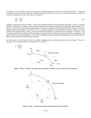 7 - 16
En la Figura 7-13(a) se ilustra un contorno de carga típico según Bresler para una cierta Pn. En el método de la PCA,7.11
el punto B
se define de manera tal que las resistencias nominales al momento biaxial Mnx y Mny tienen la misma relación que las resistencias
al momento uniaxial Mnox y Mnoy. Por lo tanto, en el punto B
noxnx
ny noy
MM
M M
= (13)
Cuando el contorno de carga de la Figura 7-13(a) se hace adimensional toma la forma indicada en la Figura 7-13(b), y el punto B
tendrá las coordenadas x e y iguales a β. Si se grafica la resistencia a la flexión en términos de los parámetros adimensionales Pn/Po,
Mnx/Mnox, Mny/Mnoy (estos dos últimos llamados momentos relativos), la superficie de falla generada S4 (Pn/Po, Mnx/Mnox, Mny/Mnoy)
adopta la forma típica ilustrada en la Figura 7-13(c). La ventaja de expresar el comportamiento en términos relativos es que los
contornos de la superficie (Fig. 7-13(b)) – es decir, la intersección formada por los planos de Pn/Po constante y la superficie – para
los propósitos del diseño se pueden considerar simétricos respecto del plano vertical que bisecta los dos planos coordenados. Aún
para las secciones que son rectangulares o en las cuales la armadura no está uniformemente distribuida, esta aproximación permite
obtener valores con precisión suficiente para el diseño.
La relación entre α de la Ecuación (10) y β se obtiene reemplazando las coordenadas del punto B de la Figura 7-13(a) en la
Ecuación (10), y resolviendo para α en función de β. Así se obtiene:
log 0,5
log
α =
β
Figura 7-13(a) – Contorno de cargas de la superficie de falla S3 sobre un plano de Pn constante
Figura 7-13(b) – Contorno de cargas adimensional para Pn constante
B
A
C
My
Contorno de carga
Mnoy
Mnox
Mnoy
Mnox
Mx
βMnox
βMnoy
ny
noy
1,0
45°
Contorno de carga
1,0
C
A
B
M
M
M
M
nox
nx
β
β
 