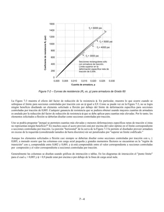 7 - 4
Figura 7-2 – Curvas de resistencia (Rn vs. ρ) para armadura de Grado 60
La Figura 7-3 muestra el efecto del factor de reducción de la resistencia φ. En particular, muestra lo que ocurre cuando se
sobrepasa el límite para secciones controladas por tracción con un φ igual a 0,9. Como se puede ver en la Figura 7-3, no se logra
ningún beneficio diseñando un elemento solicitado a flexión por debajo del límite de deformación específica para secciones
controladas por tracción de 0,005. Cualquier ganancia de resistencia que se pudiera obtener usando mayores cuantías de armadura
es anulada por la reducción del factor de reducción de resistencia φ que se debe aplicar para cuantías más elevadas. Por lo tanto, los
elementos solicitados a flexión se deberían diseñar como secciones controladas por tracción.
Uno se podría preguntar "porqué se permiten cuantías más elevadas y menores deformaciones específicas netas de tracción si éstas
no representan ningún beneficio?" En muchos casos el acero provisto está por encima del valor óptimo en el límite correspondiente
a secciones controladas por tracción. La porción "horizontal" de la curva de la Figura 7-3 le permite al diseñador proveer armadura
en exceso de la requerida (considerando tamaños de barra discretos) sin ser penalizados por "superar un límite codificado."
Aunque los elementos solicitados a flexión casi siempre se deberían diseñar como secciones controladas por tracción con εt ≥
0,005, a menudo ocurre que las columnas con carga axial pequeña y grandes momentos flectores se encuentran en la "región de
transición" con εt comprendida entre 0,002 y 0,005, y φ está comprendido entre el valor correspondiente a secciones controladas
por compresión y el valor correspondiente a secciones controladas por tracción.
Generalmente las columnas se diseñan usando gráficas de interacción o tablas. En los diagramas de interacción el "punto límite"
para el cual εt = 0,005 y φ = 0,9 puede estar por encima o por debajo de la línea de carga axial nula.
0,000 0,005 0,010 0,015 0,020 0,025 0,030
0
200
400
600
800
1000
1200
1400
1600
f´ = 3000 psic
f´ = 4000 psic
f´ = 5000 psic
f´ = 6000 psic
CoeficientederesistenciaRn(psi)
Secciones rectangulares sólo
con armadura de tracción.
Límite superior en la
deformación específica neta de
tracción de 0,004.
Cuantía de armadura, ρ
 