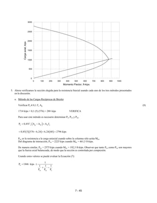 7 - 45
5. Ahora verificamos la sección elegida para la resistencia biaxial usando cada uno de los tres métodos presentados
en la discusión.
a. Método de las Cargas Recíprocas de Bresler
Verificar Pn ≥ 0,1 f'c Ag (8)
1714 kips > 0,1 (5) (576) = 288 kips VERIFICA
Para usar este método es necesario determinar Po, Pox y Poy.
( )o c g st st yP 0,85f ' A A A f= − +
( )( ) ( )0,85 5 576 6,24 6,24 60 2796 kips= − + =
Pox es la resistencia a la carga uniaxial cuando sobre la columna sólo actúa Mnx.
Del diagrama de interacción, Pox = 2225 kips cuando Mnx = 461,5 ft-kips.
De manera similar, Poy = 2575 kips cuando Mny = 192,3 ft-kips. Observar que tanto Pox como Poy son mayores
que la fuerza axial balanceada, de modo que la sección es controlada por compresión.
Usando estos valores se puede evaluar la Ecuación (7):
n
ox oy o
1
P 1846 kips
1 1 1
P P P
= ≤
+ −
3000
2500
2000
1500
1000
500
0
0 100 200 300 400 500 600 700 800 900 1000
Momento Flector, ft-kips
Cargaaxial,kips
 