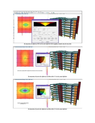 Se muestra el esfuerzo S22 en la cara inferior de la zapata, siendo esta de tracción
Se muestra el acero de refuerzo en dirección 1-1 en la zona inferior
Se muestra el acero de refuerzo en dirección 2-2 en la zona inferior
 