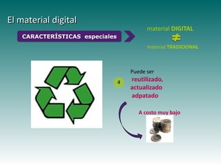 El material digital
                                           material DIGITAL
    CARACTERÍSTICAS especiales
                                           material TRADICIONAL



                                     Puede ser
                                 4   reutilizado,
                                     actualizado
                                     adpatado

                                        A costo muy bajo
 
