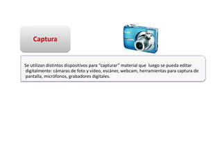 Captura


Se utilizan distintos dispositivos para “capturar” material que luego se pueda editar
digitalmente: cámaras de foto y video, escáner, webcam, herramientas para captura de
pantalla, micrófonos, grabadores digitales.




       Haga clic para modificar el estilo de
               subtítulo del patrón
 