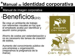 * Manual  de   identidad corporativa Se crea un ambiente de trabajo con referentes visuales en los que el empleado acaba por identificar y asumir como propios. * Manual de imagen corporativa * Beneficios (2/2) Ahorro de costos por estandarización y no es necesario las tareas de creación de estilos. Aumento del conocimiento público de una empresa u organización. (mejoramos la pregnancia de la marca) 