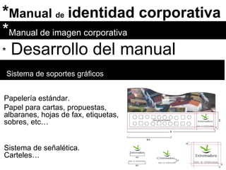 * Manual  de   identidad corporativa * Manual de imagen corporativa *   Desarrollo del manual Sistema de soportes gráficos Papelería estándar. Papel para cartas, propuestas, albaranes, hojas de fax, etiquetas, sobres, etc… Sistema de señalética. Carteles… 