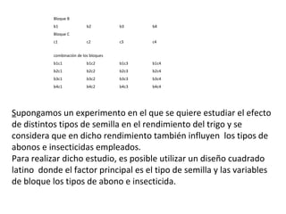 Supongamos un experimento en el que se quiere estudiar el efecto
de distintos tipos de semilla en el rendimiento del trigo y se
considera que en dicho rendimiento también influyen los tipos de
abonos e insecticidas empleados.
Para realizar dicho estudio, es posible utilizar un diseño cuadrado
latino donde el factor principal es el tipo de semilla y las variables
de bloque los tipos de abono e insecticida.
Bloque B
b1 b2 b3 b4
Bloque C
c1 c2 c3 c4
combinación de los bloques
b1c1 b1c2 b1c3 b1c4
b2c1 b2c2 b2c3 b2c4
b3c1 b3c2 b3c3 b3c4
b4c1 b4c2 b4c3 b4c4
 