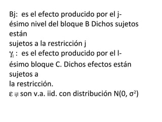 Βj: es el efecto producido por el j-
ésimo nivel del bloque B Dichos sujetos
están
sujetos a la restricción j
γl : es el efecto producido por el l-
ésimo bloque C. Dichos efectos están
sujetos a
la restricción.
ε ijl son v.a. iid. con distribución N(0, σ2
)
 