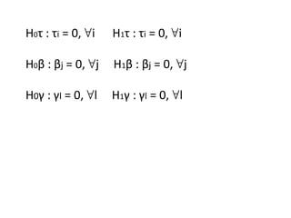 H0τ : τi = 0, i H∀ 1τ : τi = 0, i∀
H0β : βj = 0, j H∀ 1β : βj = 0, j∀
H0γ : γl = 0, l H∀ 1γ : γl = 0, l∀
 