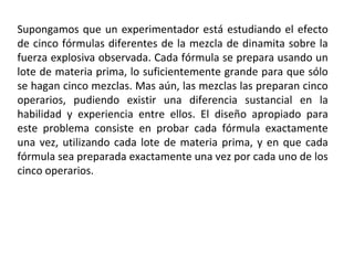 Ejemplo: cuadrados latinosSupongamos que un experimentador está estudiando el efecto
de cinco fórmulas diferentes de la mezcla de dinamita sobre la
fuerza explosiva observada. Cada fórmula se prepara usando un
lote de materia prima, lo suficientemente grande para que sólo
se hagan cinco mezclas. Mas aún, las mezclas las preparan cinco
operarios, pudiendo existir una diferencia sustancial en la
habilidad y experiencia entre ellos. El diseño apropiado para
este problema consiste en probar cada fórmula exactamente
una vez, utilizando cada lote de materia prima, y en que cada
fórmula sea preparada exactamente una vez por cada uno de los
cinco operarios.
 
