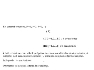 En general tenemos, N=6, r=2, k=2, (
( 1)
(I) ( i=1,2,..,k ) ; k ecuaciones
(II) (j=1,2,..,b) ; b ecuaciones
k+b+1, ecuaciones con k+b+1 incógnitas, dos ecuaciones linealmente dependientes, si
sumamos las k ecuaciones obtenemos (1), asimismo si sumamos las b ecuaciones.
Incluyendo las restricciones: ,
Obtenemos solución al sistema de ecuaciones.
 