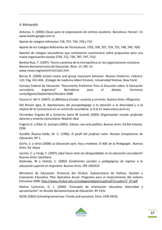 37
9. Bibliografía
Antúnez, S. (2000) Claves para la organización de centros escolares. Barcelona: Horsori. En
www.books.google.com.ar
Aporte de colegios referentes 718, 757, 730, 758 y 710
Aporte de los Colegios Referentes de Tecnicaturas (702, 704, 707, 724, 725, 748, 749, 760)
Aportes de colegios secundarios que contestaron cuestionario sobre propuestas para una
nueva organización escolar (759, 712, 730, 787, 747, 751)
Bardisa Ruiz, T. (1997). Teoría y práctica de la micropolítica en las organizaciones escolares.
Revista Iberoamericana de Educación. Núm. 15. OEI. En
www.rieoei.org/oeivirt/rie15a01.htm
Barros R. (2009) School recess and group classroom behavior. Revista Pediatrics. Febrero.
123. Pág. 431-436. (Colegio de medicina Albert Einstein, Universidad Yeshiva, New York)
Consejo Federal de Educación “Documento Preliminar Para la Discusión sobre la Educación
secundaria Argentina” Borradores para el debate. Versiones
Junio/Agosto/Septiembre/Octubre 2008
Couzzo G. del V. (2007). La Biblioteca Escolar: usuarios y servicios. Buenos Aires: Alfagrama.
Del Rincón Igea, B. Aportaciones del psicopedagogo a la atención a la diversidad y a la
mejora de la convivencia en un centro de secundaria. (s.d.e) En www.educa.jccm.es
Fernández Enguita M y Gutierrez Satre M (coord) (2005) Organización escolar profesión
docente y entorno comunitario. Madrid: Akal
Frigerio G. y Diker G. (comps) (2005). Educar: ese acto político. Buenos Aires: Ed Del estante.
CEM.
Gordillo Álvarez-Valde, M. V. (1996). El perfil del profesor tutor. Revista Complutense de
Educación, Nº 1.
Gvirtz, S. y otros (2008) La Educación ayer, hoy y mañana. El ABC de la Pedagogía . Buenos
Aires: Ed. Aique
Jacinto, C. y Terigi, F. (2007) ¿Qué hacer ante las desigualdades en la educación secundaria?
Buenos Aires: Santillana.
Kisilevsky, M y Veleda, C. (2002) Condiciones sociales y pedagógicas de ingreso a la
educación superior en Argentina. Buenos Aires. IIPE UNESCO
Ministerio de Educación. Provincia del Chubut. Subsecretaria de Política, Gestión y
Evaluación Educativa. Plan Operativo Anual. Programa para el mejoramiento del sistema
Educativo 2008. http://www.chubut.edu.ar/subpgee/degiie/cuadros07/cuadro17_07.pdf
Molina Contreras, D. L. (2006) “Concepto de orientación educativa: diversidad y
aproximación” en Revista Iberoamericana de Educación. Nº 33/6.
OCDE (2001) Schooling tomorrow: Trends and scenarios. Paris: CERI-OECD.
 