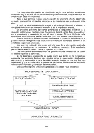 Los datos obtenidos podrán ser clasificados según características semejantes,
ordenados según escalas de valores cualitativas y/o cuantitativas, comparados con los
obtenidos en otras observaciones.
        Todo lo cual permitirá realizar una descripción del fenómeno o hecho observado,
es decir, enumerar los principales elementos y las relaciones que se observan entre
ellos.
        A partir de estos conocimientos surgirá la situación problemática a resolver, la
que podrá subdividirse en problemas menores si así lo requiere su análisis.
        El problema generará soluciones potenciales o respuestas tentativas a la
situación problemática: hipótesis. Esta hipótesis se basará en los datos disponibles y
en la experiencia y conocimiento que el alumno posea. Ninguna hipótesis debe
descartarse inmediatamente y debe destacarse que todas son respuestas tentativas.
        Para la verificación de la hipótesis es fundamental la obtención de información, a
partir de la cual emergerán datos cuyo análisis demandará actividades similares a las
detalladas en párrafos anteriores.
        Los alumnos realizarán inferencias sobre la base de la información analizada,
arribando a conclusiones o respuestas al problema planteado. Esta conclusión
permitirá establecer la validez o no de la hipótesis enunciada.
        Las conclusiones enunciadas serán las generalizaciones alrededor de las cuales
es posible organizar el contenido.
        De la descripción precedente se puede inferir que dentro de la metodología
propuesta hay procesos básicos más simples como la observación, clasificación,
comparación y descripción y otros llamados procesos integrados que son los más
importantes y que apuntan hacia el planteo de problemas, enunciación de hipótesis,
verificación de hipótesis y extracción de conclusiones.
        El siguiente diagrama sintetiza los procesos enunciados y sus relaciones:

                PROCESOS DEL METODO CIENTIFICO


    PROCESOS BASICOS                            PROCESOS INTEGRADOS


                                                 PLANTEAR PROBLEMAS


    OBSERVAR-CLASIFICAR                          FORMULAR HIPOTESIS
    ORDENAR-COMPARAR
         DESCRIBIR
                                                  VERIFICAR HIPOTESIS




                           ENUNCIAR CONCLUSIONES



                       CONOCIMIENTO DE LA REALIDAD




                                        100
 