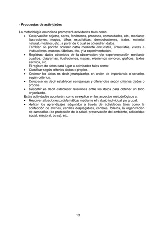 - Propuestas de actividades

La metodología enunciada promoverá actividades tales como:
   • Observación: objetos, seres, fenómenos, procesos, comunidades, etc., mediante
      ilustraciones, mapas, cifras estadísticas, demostraciones, textos, material
      natural, modelos, etc., a partir de lo cual se obtendrán datos.
      También se podrán obtener datos mediante encuestas, entrevistas, visitas a
      instituciones, museos, fábricas, etc., y la experimentación.
   • Registras: datos obtenidos de la observación y/o experimentación mediante
      cuadros, diagramas, ilustraciones, mapas, elementos sonoros, gráficos, textos
      escritos, etc.
      El registro de datos dará lugar a actividades tales como:
   • Clasificar según criterios dados o propios.
   • Ordenar los datos es decir jerarquizarlos en orden de importancia o seriarlos
      según criterios.
   • Comparar es decir establecer semejanzas y diferencias según criterios dados o
      propios.
   • Describir es decir establecer relaciones entre los datos para obtener un todo
      organizado.
   Estas actividades apuntarán, como se explico en los aspectos metodológicos a:
   • Resolver situaciones problemáticas mediante el trabajo individual y/o grupal.
   • Aplicar los aprendizajes adquiridos a través de actividades tales como la
      confección de afiches, cartillas desplegables, carteles, folletos, la organización
      de campañas (de protección de la salud, preservación del ambiente, solidaridad
      social, electoral, otras). etc.




                                       101
 