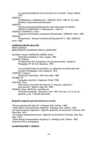 “Los grandes problemas de la educación en el mundo”. Anaya. Madrid.
       1975.
UNESCO
       “Analfabetismo y alfabetización”. UNESCO. París. 1982, Nº 42. serie
       Estudios y documentos de educación.
UNESCO
       “Estudio Internacional Retrospectivo de la Educación de Adultos”.
       UNESCO/ CONFEDAD / 4. Montreal 60 – Tokio 72
UNESCO, D’HAINAUT y otros
       “Programa de Estudios y educación Permanentes”. UNESCO. París. 1980.
UNESCO
       “Perspectivas”. Revista Trimestral de Educación Nº 2. 1982. UNESCO.
París. 1982.

CURRICULUM DE ADULTOS
AREA LENGUA
BIBLIOGRAFÍA SUGERIDA PARA EL MAESTRO

ALONSO, Amado. HERIQUEZ UREÑA, Pedro
    “Gramática Castellana”. Edit. Losada. 1962.
ZUGARO, Roberto
    “El tratamiento de la ortografía en la escuela primaria”. Cuaderno
    Pedagógico Nº 30. Edit. Kapelusz. 1975.

     “Los acontecimientos de actividad y su utilización en la tarea del aula”.
     Cuaderno Pedagógico. Edit. Kapelusz, 1972.
LOPRETE, Carlos A.
     “Redacción Informativa”. Edit. Plus Ultra. 1984.
STUBBS, M.
     “Lenguaje y escritura”. Kapelusz. Cincel. 1984.
VAN DIJK, Teun
     “Estructuras y funciones del discurso, 4. discurso, cognición y
     comunicación”. México. Siglo XXl. 1980.
FRANCH, Alicia y BLECUA, José Manuel
     “Gramática Española”. Barcelona. Ariel. 1975. Ver cap. 3, 4, 5 y 6. las
     palabras y cap. 7 Sintaxis elemental.


Biografía sugerida para las lecturas en el aula

“Poesía argentina del siglo XX”. Antología. Edit. Colihue. 1982.
“Teatro Breve Contemporáneo Argentino”. Antología. Edit. Colihue. 1983.
“35 Cuentos breves argentinos”. Siglo XX. Selección de Sorrentino Frenando. Edit.
Plus Ultra. 1978.
“30 Cuentos Hispanoamericanos”. Selección de Sorrentino Fernando. Edit. Plus
Ultra. 1976.
“Teatro Breve Contemporáneo Argentino ll”. antología. Edit. Colihue. 1983.
Colección GOLU de Kapelusz.

ALABETIZACIÓN Y LENGUA


                                        124
 