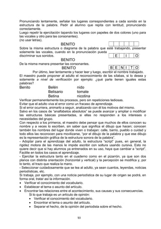 Pronunciando lentamente, señalar los lugares correspondientes a cada sonido en la
estructura de la palabra. Pedir al alumno que repita con lentitud, pronunciando
correctamente.
Luego repetir la ejercitación tapando los lugares con papeles de dos colores (uno para
las vocales y otro para las consonantes).
(no usar letras).
                             BENITO
Sobre la misma estructura o diagrama de la palabra que esté trabajando, presentar
solamente las vocales, cuando en la pronunciación pueda
discriminar sus sonidos.                                     E      I     O
                             BENITO
De la misma manera presentar las consonantes.
                             BENITO                             B E N I       T O
        Por último, leer lentamente y hacer leer y luego, escribir el nombre trabajado.
El maestro puede proponer al adulto el reconocimiento de las sílabas, si lo desea y
solamente a nivel de verificación por ejemplo: ¿qué parte tienen iguales estas
palabras?
Benito              Belén               nido
                    Belisario           tomate
                    Betina              nicotina
Verificar permanentemente los procesos, pero sin repeticiones tediosas.
Evitar que el adulto viva el error como un fracaso de aprendizaje.
Si el error ocurriera, animarlo a seguir, analizando con él los motivos del mismo.
Salvo en los casos de “analfabetos absolutos” se puede avanzar y ampliar o modificar
las estructuras básicas presentadas, si ellas no responden a los intereses o
necesidades del grupo.
Con respecto a los primeros, el maestro debe pensar que muchos de ellos conocen su
nombre y a veces lo escriben, sin saber que significa el dibujo que hacen; conocen
también los nombres del lugar donde viven o trabajan: calle, barrio, pueblo o cuidad y
todo ellos las reconocen para movilizarse, “por el dibujo de la palabra y que ese dibujo
es la representación gráfica de la estructura sonora de la palabra”.
- Adoptar para el aprendizaje del adulto, la estructura “script” pues, en general, la
rigidez motora de las manos le impide escribir con soltura usando cursiva. Esto no
quiere decir que si hay alumnos ya entrenados en su uso, haya que cambiar a “script”.
Facilite en todos los casos el aprendizaje.
- Ejercitar la estructura tanto en el cuaderno como en el pizarrón, ya que son dos
planos con distinta orientación (horizontal y vertical) y la percepción se modifica y, por
lo tanto, el trazo que realiza la mano.
- Seleccionar cuidadosamente que se lea al adulto, ya sean cuantos, leyendas, noticias
periodísticas, etc.
Si trabaja, por ejemplo, con una noticia periodística de su lugar de origen se podrá, en
forma oral, tratar así la información.
• Verificar el conocimiento del vocabulario.
• Establecer el tema o asunto del artículo.
• Encontrar las relaciones entre el acontecimiento, sus causas y sus consecuencias.
        Si lo que trabaja es un artículo de opinión:
        • Verificar el conocimiento del vocabulario.
        • Encontrar el tema o asunto del artículo.
        • Separar el hecho, de la opinión del periodista sobre el hecho.


                                         93
 