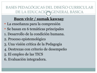 BASES PEDAGÓGICAS DEL DISEÑO CURRICULAR DE LA EDUCACIÓN GENERAL BÁSICA Buen vivir / sumak kawsay La enseñanza para la compresión Se basan en 6 temáticas principales 1. Desarrollo de la condición humana. 2. Proceso epistemológico 3. Una visión critica de la Pedagogía 4. Destrezas con criterio de desempeño 5. El empleo de las TICS 6. Evaluación integradora. 