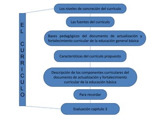 Los niveles de concreción del currículo


                 Las fuentes del currículo
E
L
    Bases pedagógicos del documento de actualización y
    fortalecimiento curricular de la educación general básica
C
U
R         Características del currículo propuesto
R
I     Descripción de los componentes curriculares del
C      documento de actualización y fortalecimiento
U            curricular de la educación básica
L
O                      Para recordar


                   Evaluación capitulo 3
 