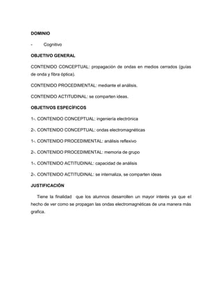DOMINIO

-      Cognitivo

OBJETIVO GENERAL

CONTENIDO CONCEPTUAL: propagación de ondas en medios cerrados (guías
de onda y fibra óptica).

CONTENIDO PROCEDIMENTAL: mediante el análisis.

CONTENIDO ACTITUDINAL: se comparten ideas.

OBJETIVOS ESPECÍFICOS

1-. CONTENIDO CONCEPTUAL: ingeniería electrónica

2-. CONTENIDO CONCEPTUAL: ondas electromagnéticas

1-. CONTENIDO PROCEDIMENTAL: análisis reflexivo

2-. CONTENIDO PROCEDIMENTAL: memoria de grupo

1-. CONTENIDO ACTITUDINAL: capacidad de análisis

2-. CONTENIDO ACTITUDINAL: se internaliza, se comparten ideas

JUSTIFICACIÓN

    Tiene la finalidad que los alumnos desarrollen un mayor interés ya que el
hecho de ver como se propagan las ondas electromagnéticas de una manera más
grafica.
 