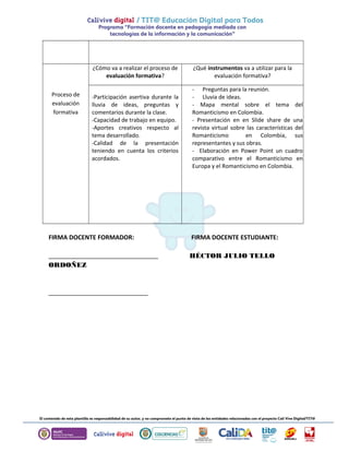 Proceso de 
evaluación 
formativa 
¿Cómo va a realizar el proceso de 
evaluación formativa? 
¿Qué instrumentos va a utilizar para la 
evaluación formativa? 
-Participación asertiva durante la 
lluvia de ideas, preguntas y 
comentarios durante la clase. 
-Capacidad de trabajo en equipo. 
-Aportes creativos respecto al 
tema desarrollado. 
-Calidad de la presentación 
teniendo en cuenta los criterios 
acordados. 
- Preguntas para la reunión. 
- Lluvia de ideas. 
- Mapa mental sobre el tema del 
Romanticismo en Colombia. 
- Presentación en en Slide share de una 
revista virtual sobre las características del 
Romanticismo en Colombia, sus 
representantes y sus obras. 
- Elaboración en Power Point un cuadro 
comparativo entre el Romanticismo en 
Europa y el Romanticismo en Colombia. 
FIRMA DOCENTE FORMADOR: FIRMA DOCENTE ESTUDIANTE: 
________________________________ HÉCTOR JULIO TELLO 
ORDOÑEZ 
_____________________________ 
