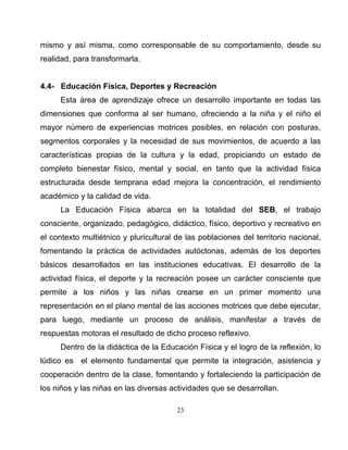 23 
mismo y así misma, como corresponsable de su comportamiento, desde su realidad, para transformarla. 
4.4- Educación Física, Deportes y Recreación 
Esta área de aprendizaje ofrece un desarrollo importante en todas las dimensiones que conforma al ser humano, ofreciendo a la niña y el niño el mayor número de experiencias motrices posibles, en relación con posturas, segmentos corporales y la necesidad de sus movimientos, de acuerdo a las características propias de la cultura y la edad, propiciando un estado de completo bienestar físico, mental y social, en tanto que la actividad física estructurada desde temprana edad mejora la concentración, el rendimiento académico y la calidad de vida. 
La Educación Física abarca en la totalidad del SEB, el trabajo consciente, organizado, pedagógico, didáctico, físico, deportivo y recreativo en el contexto multiétnico y pluricultural de las poblaciones del territorio nacional, fomentando la práctica de actividades autóctonas, además de los deportes básicos desarrollados en las instituciones educativas. El desarrollo de la actividad física, el deporte y la recreación posee un carácter consciente que permite a los niños y las niñas crearse en un primer momento una representación en el plano mental de las acciones motrices que debe ejecutar, para luego, mediante un proceso de análisis, manifestar a través de respuestas motoras el resultado de dicho proceso reflexivo. 
Dentro de la didáctica de la Educación Física y el logro de la reflexión, lo lúdico es el elemento fundamental que permite la integración, asistencia y cooperación dentro de la clase, fomentando y fortaleciendo la participación de los niños y las niñas en las diversas actividades que se desarrollan.  
