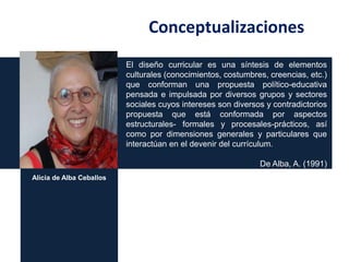 Conceptualizaciones
El diseño curricular es una síntesis de elementos
culturales (conocimientos, costumbres, creencias, etc.)
que conforman una propuesta político-educativa
pensada e impulsada por diversos grupos y sectores
sociales cuyos intereses son diversos y contradictorios
propuesta que está conformada por aspectos
estructurales- formales y procesales-prácticos, así
como por dimensiones generales y particulares que
interactúan en el devenir del currículum.
De Alba, A. (1991)
Alicia de Alba Ceballos

 