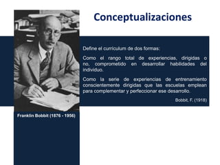 Conceptualizaciones
Define el currículum de dos formas:
Como el rango total de experiencias, dirigidas o
no, comprometido en desarrollar habilidades del
individuo.
Como la serie de experiencias de entrenamiento
conscientemente dirigidas que las escuelas emplean
para complementar y perfeccionar ese desarrollo.
Bobbit, F. (1918)

Franklin Bobbit (1876 - 1956)

 