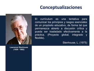 Conceptualizaciones
El currículum es una tentativa para
comunicar los principios y rasgos esenciales
de un propósito educativo, de forma tal que
permanezca abierto a discusión crítica y
pueda ser trasladado efectivamente a la
práctica. (Proyecto global, integrado y
flexible).
Stenhouse, L. (1975)
Lawrence Stenhouse
(1926 - 1982)

 
