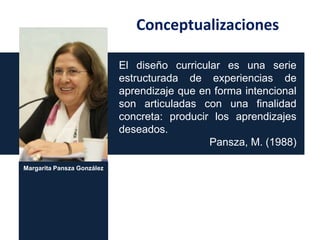 Conceptualizaciones
El diseño curricular es una serie
estructurada de experiencias de
aprendizaje que en forma intencional
son articuladas con una finalidad
concreta: producir los aprendizajes
deseados.
Pansza, M. (1988)
Margarita Pansza González

 