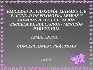 FACULTAD DE FILOSOFÍA, LETRAS Y CIE
  FACULTAD DE FILOSOFÍA, LETRAS Y
     CIENCIAS DE LA EDUCACIÓN
 ESCUELA DE EDUCACION - MENCIÓN
           PARVULARIA

          TEMA: ANEXO 7

    CONCEPCIONES Y PRÁCTICAS


              TEMA:
 