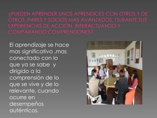 El aprendizaje se hace
mas significativo ,mas
conectado con lo
que ya se sabe y
dirigido a la
comprensión de lo
que se vive y de lo
relevante, cuando
ocurre en
desempeños
auténticos.
 